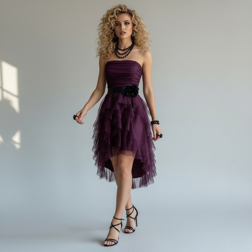 Deb Burgundy Strapless Tulle High-Low Ruffle Dress Size M Y2K 90s Hoco Prom
